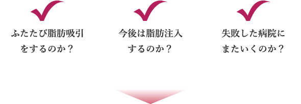 ふたたび脂肪吸引をするのか？ 今後は脂肪注入するのか？ 失敗した病院にまたいくのか？